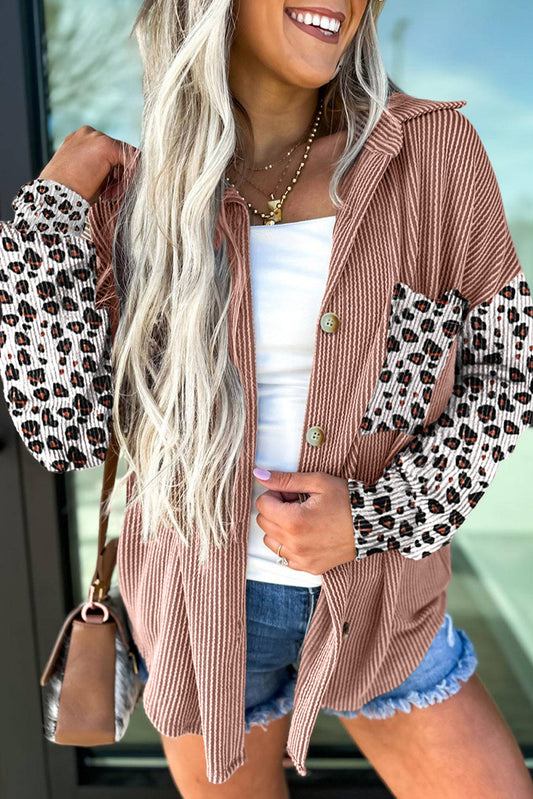 Dark Khaki Leopard Patched Twisted Ribbed Western Casual Shacket-Bella Boutique Collective