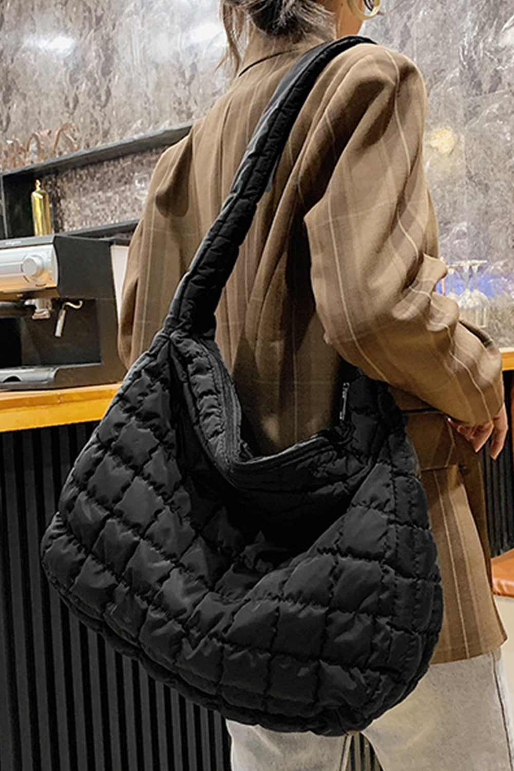 Black Quilted Zipper Large Shoulder Bag-Bella Boutique Collective