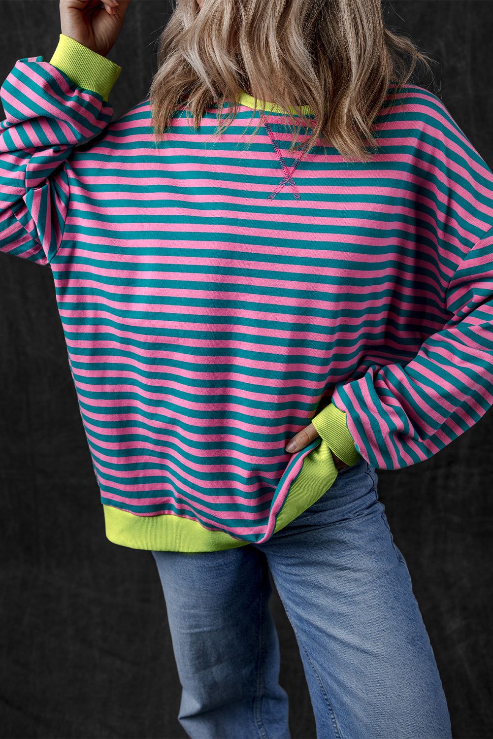 Green Stripe Oversized Contrast Trim Pullover Sweatshirt-Bella Boutique Collective