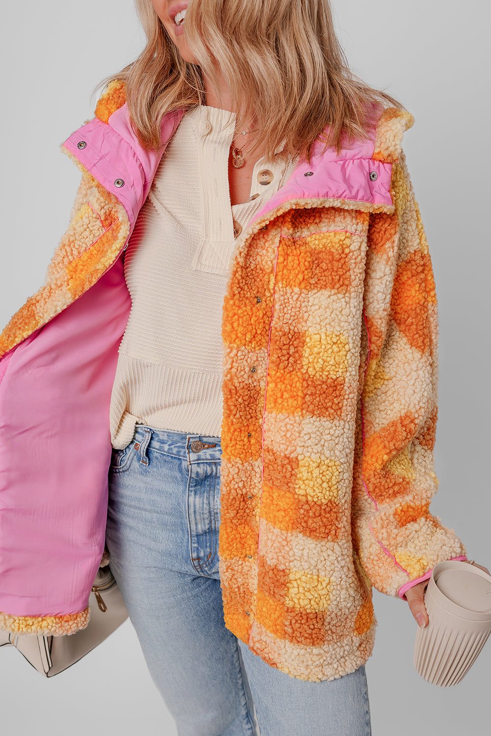 Orange Checkered Sherpa Hooded Jacket-Bella Boutique Collective