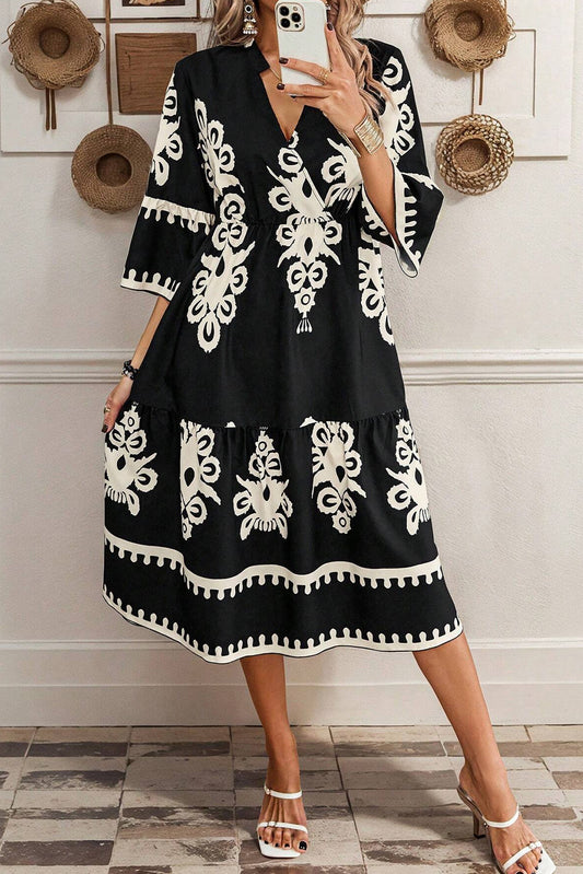 Black Western Geometric Print 3/4 Sleeve Loose Midi Dress-Bella Boutique Collective