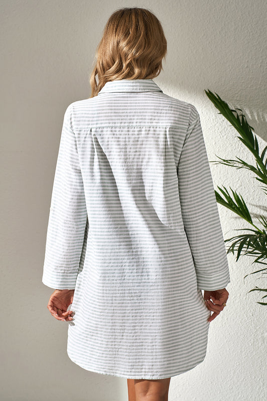White Stripe Collared V Neck Chest Pocket Long Sleeve Beach Cover up-Bella Boutique Collective