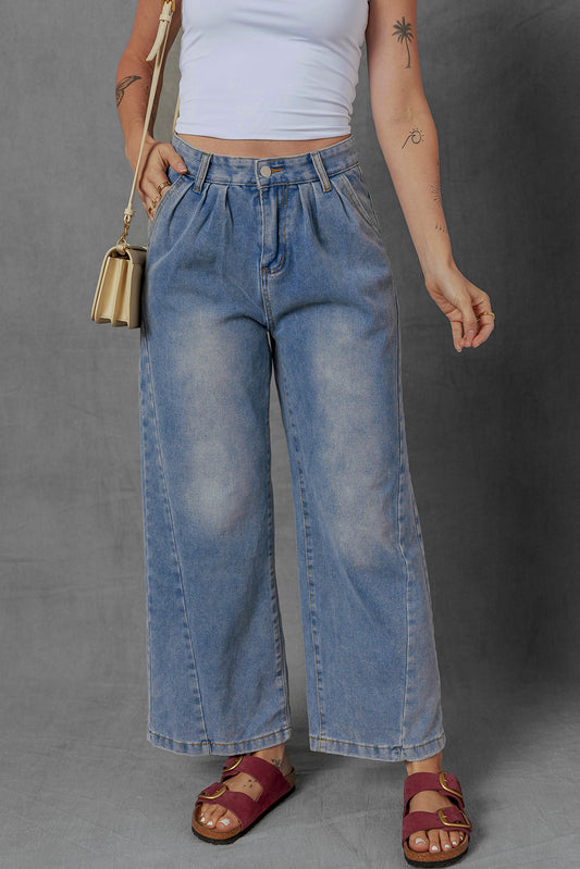 Ashleigh Blue Washed Pleated Detail Wide Leg Jeans-Bella Boutique Collective
