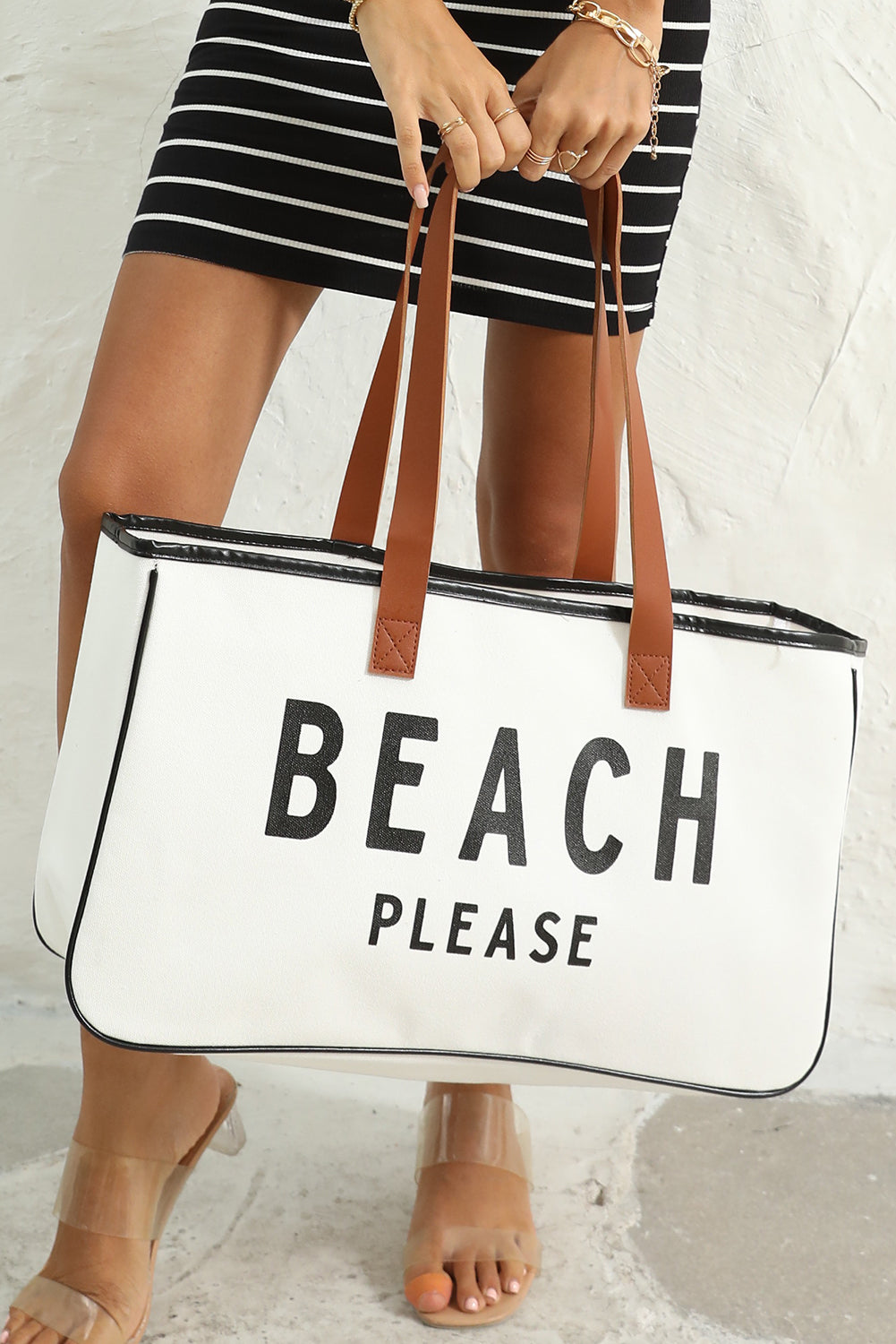White BEACH PLEASE Print Large Canvas Tote Bag-Bella Boutique Collective