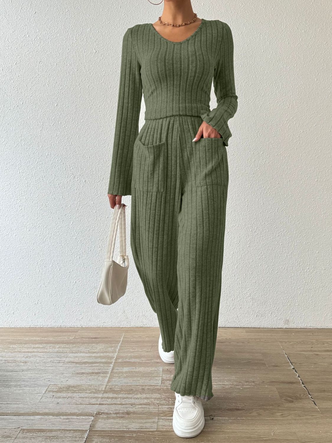 Ribbed V-Neck Long Sleeve Top and Pocketed Pants Set-Bella Boutique Collective