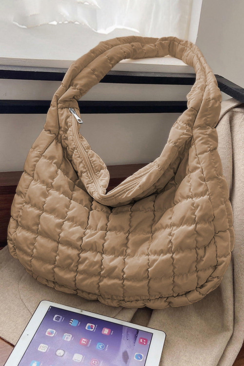 Light French Beige Quilted Zipper Large Shoulder Bag-Bella Boutique Collective