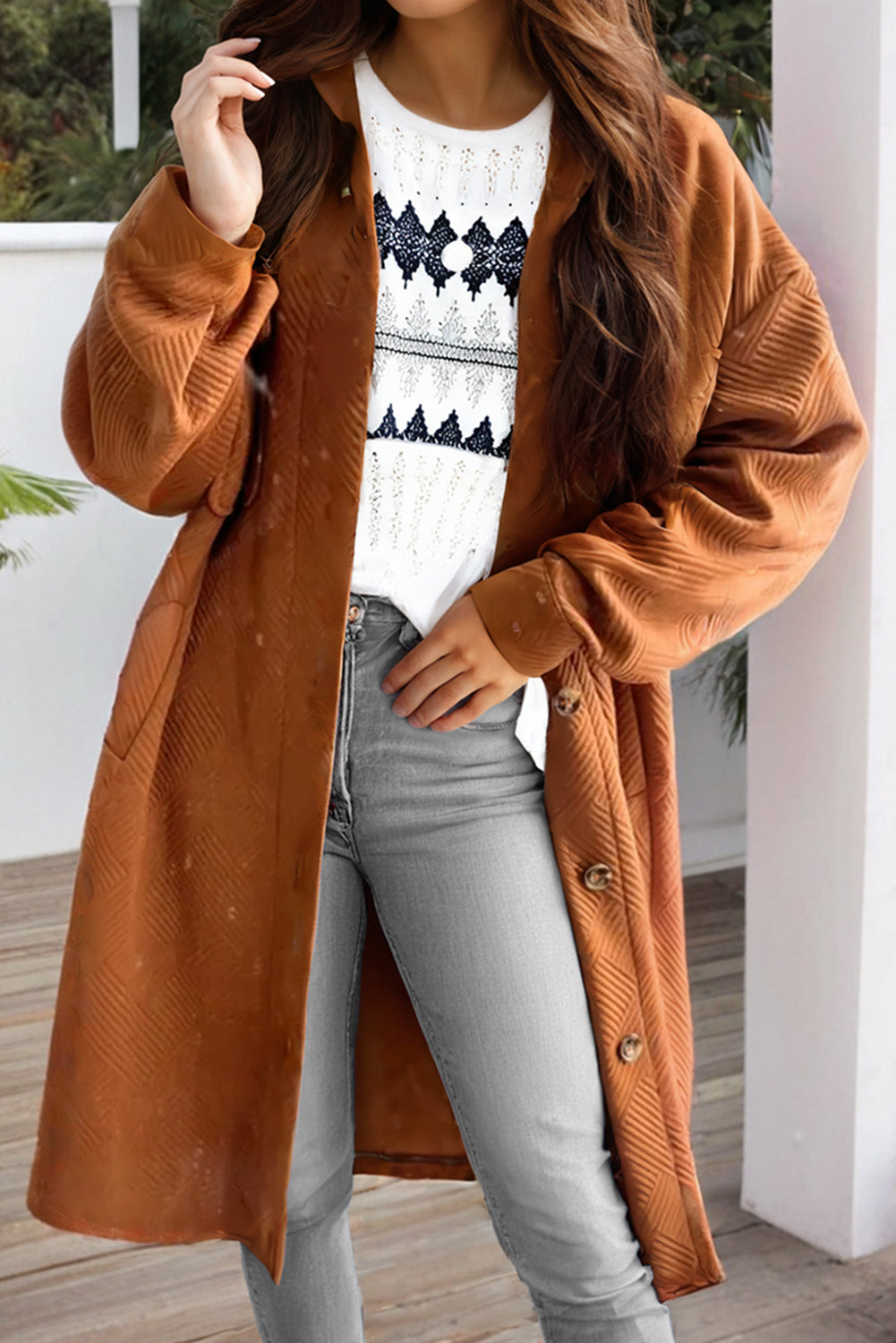 Gold Flame Textured Collared Drop Shoulder Buttoned Front Duster Coat-Bella Boutique Collective