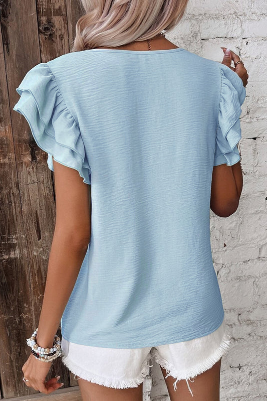 Mist Blue Solid Color Ruffled Short Sleeve Casual Blouse-Bella Boutique Collective