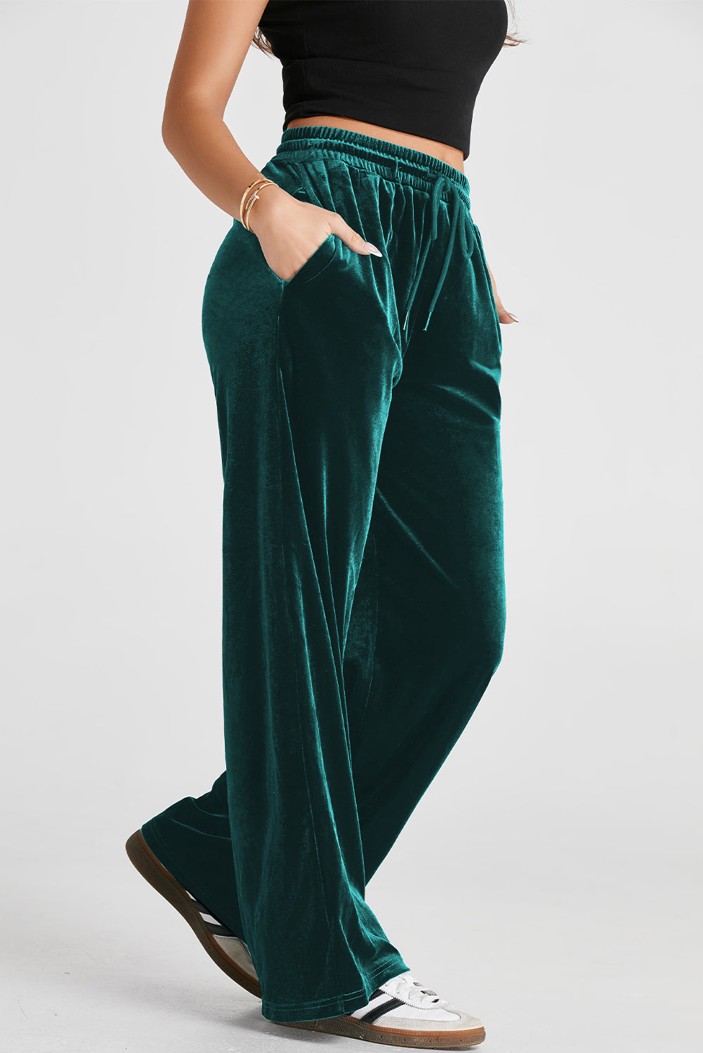 Evergreen Solid Drawstring Waist Wide Leg Pants-Bella Boutique Collective