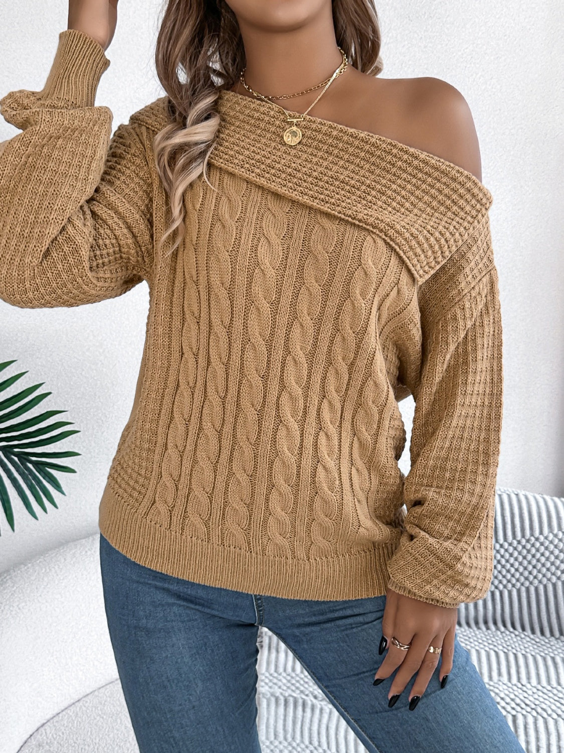 Cable-Knit One Shoulder Long Sleeve Sweater-Bella Boutique Collective