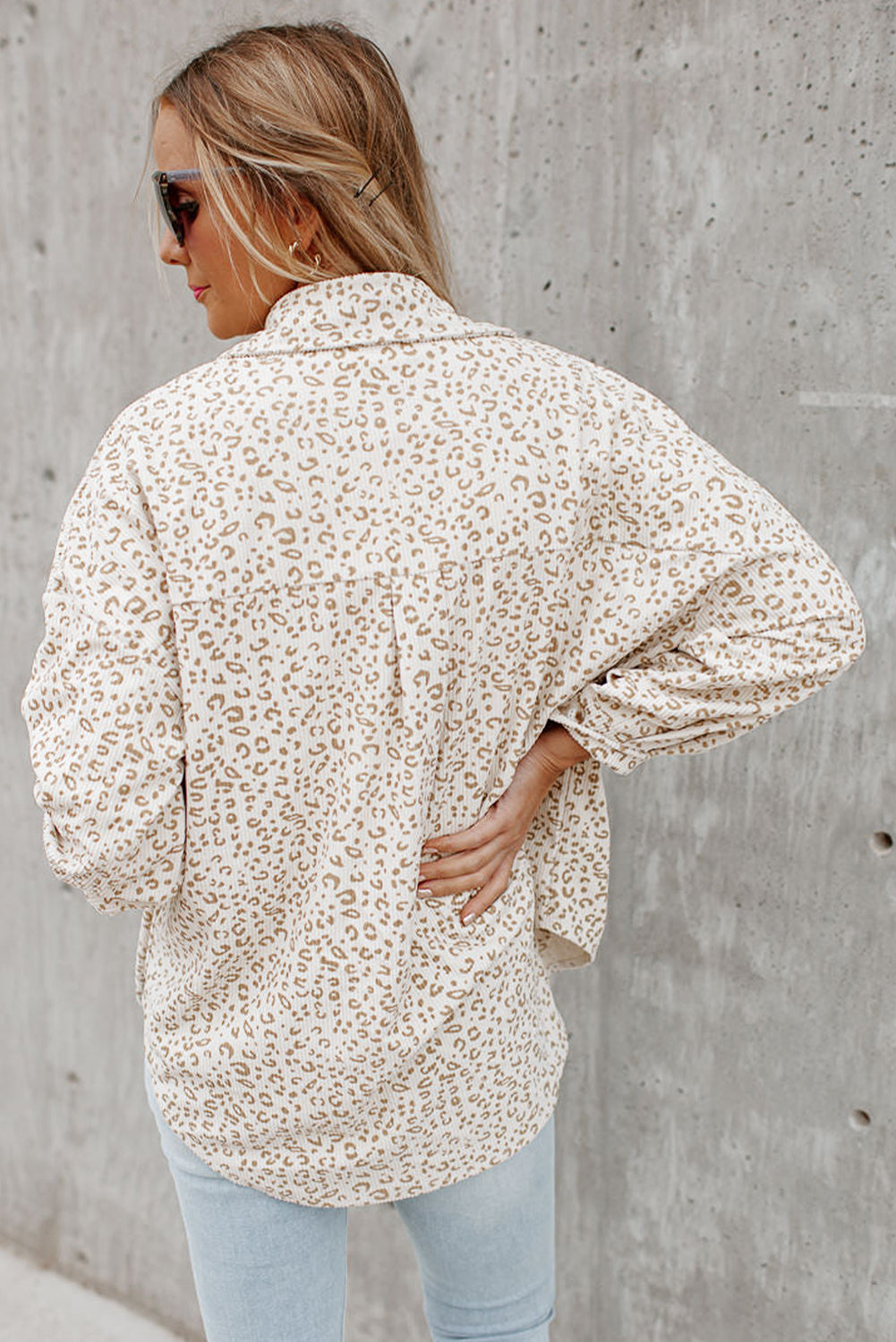Beige Leopard Print Flap Pockets Buttoned Corduroy Shacket-Bella Boutique Collective