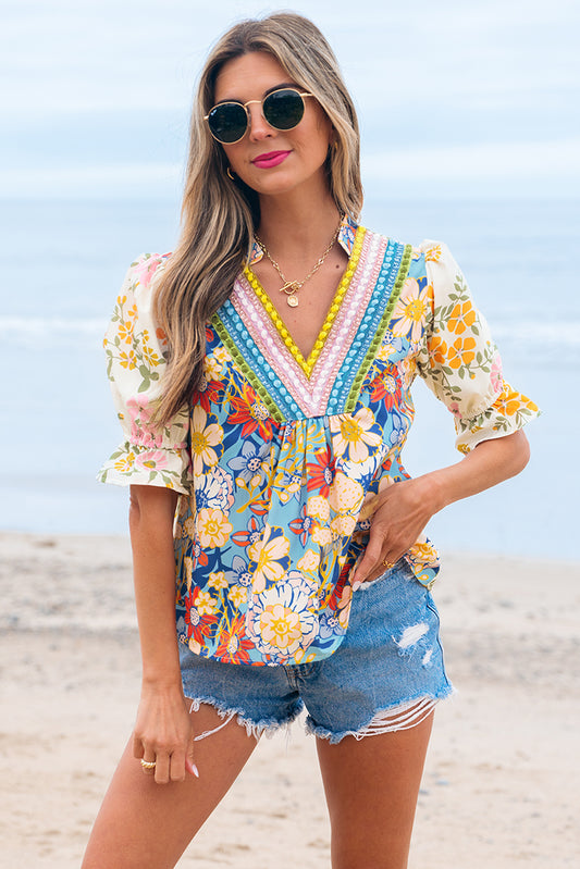 Multicolour Crochet V Neck Half Sleeve Boho Floral Blouse-Bella Boutique Collective