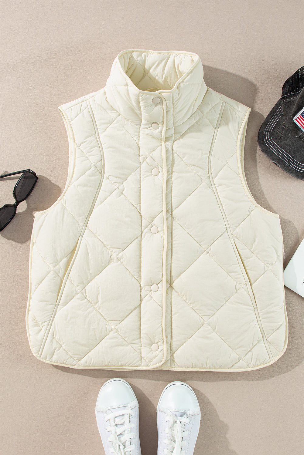 Beige Quilted High Neck Button Up Pocket Vest Coat-Bella Boutique Collective