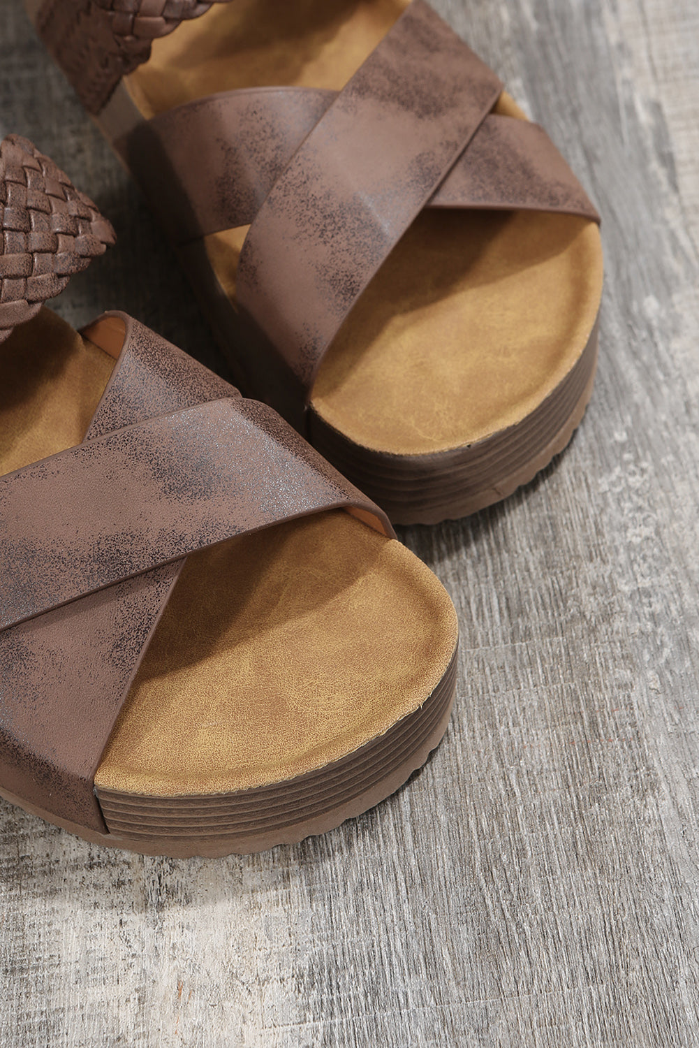 Brown Braided Detail Criss Cross Platform Slippers-Bella Boutique Collective