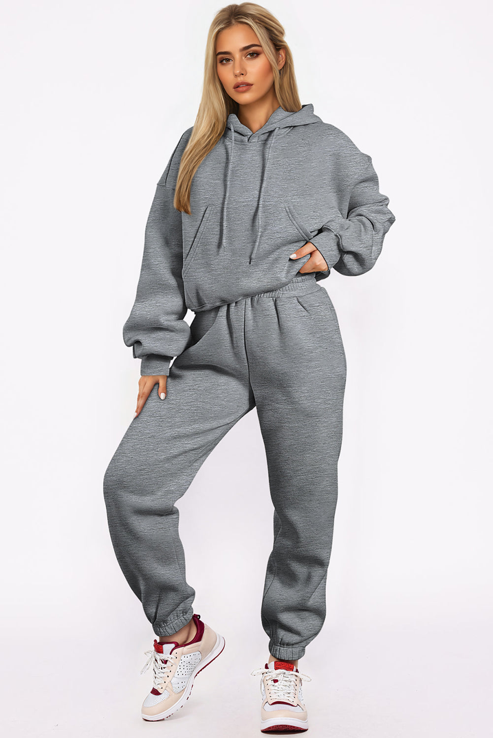 Gray Solid Drop Shoulder Hoodie and Joggers Activewear Set-Bella Boutique Collective