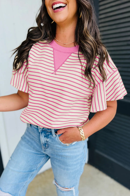 Sachet Pink Contrast Detail Striped Ruffle Short Sleeve Top-Bella Boutique Collective