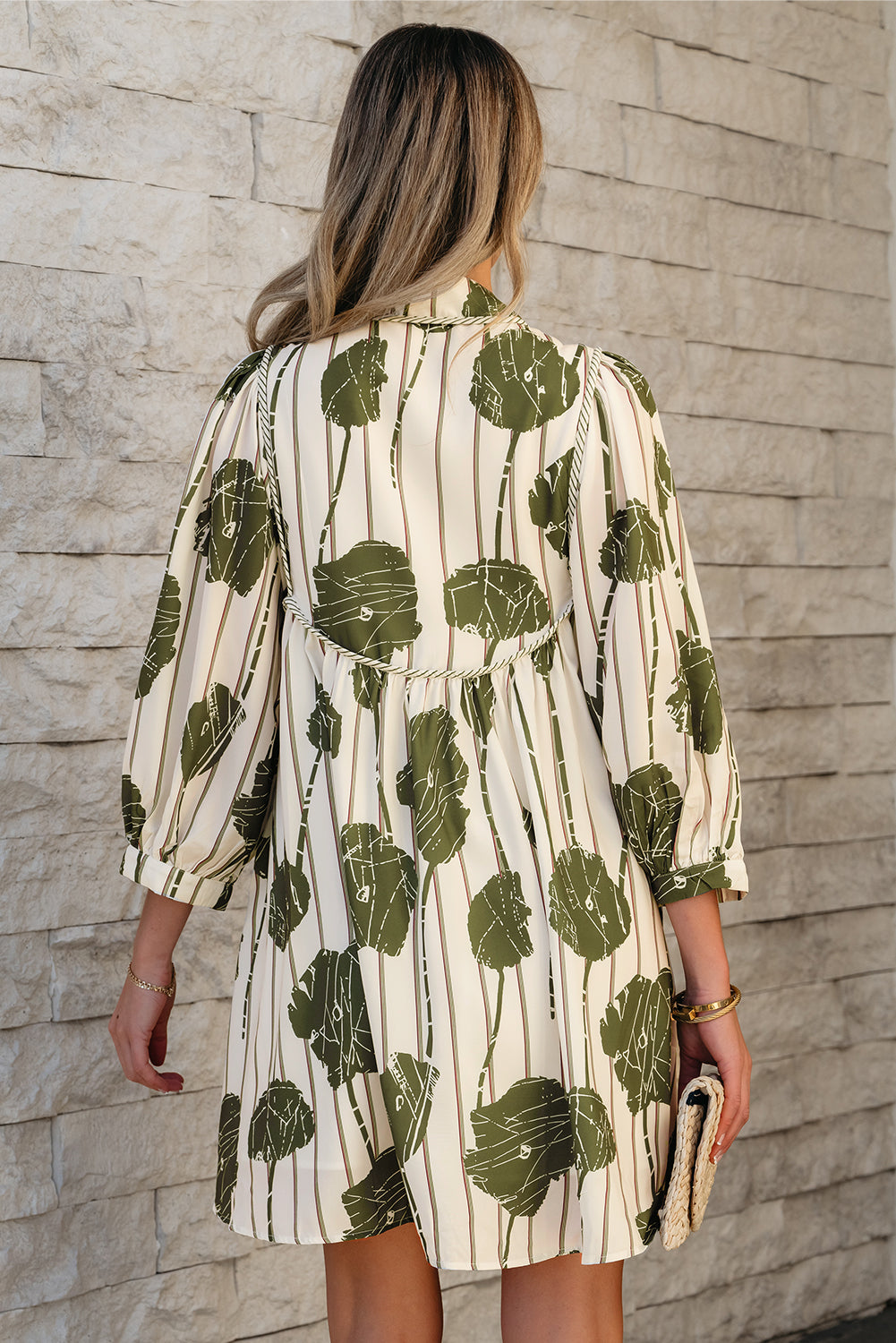 Guacamole Green Floral Striped Print Contrast Piping Puff Sleeve Dress-Bella Boutique Collective