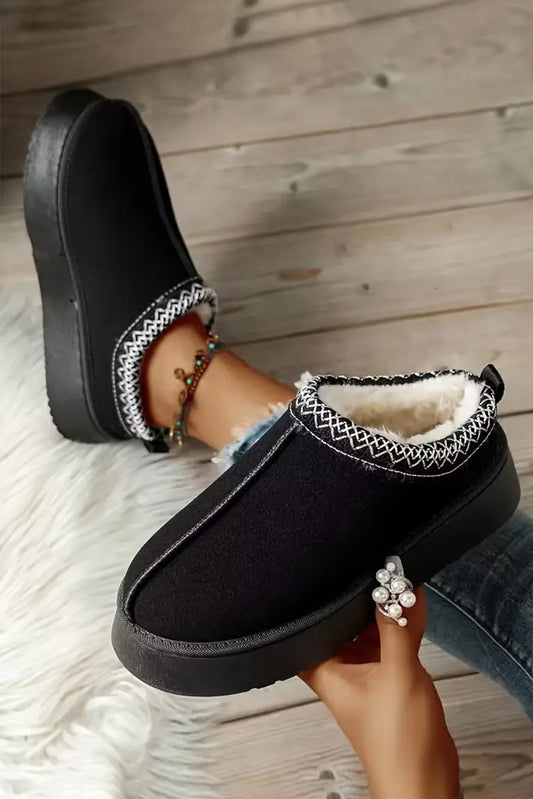 Black Contrast Print Suede Plush Lined Snow Boots-Bella Boutique Collective
