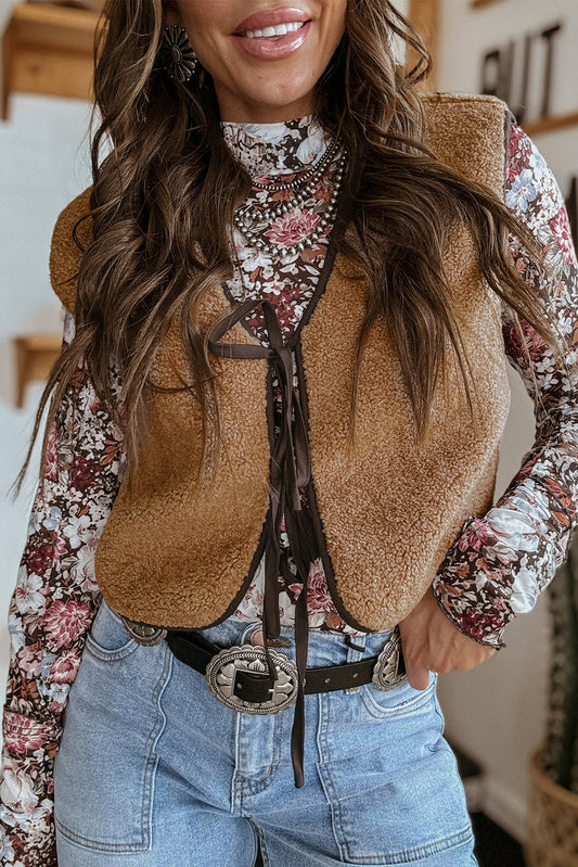 Light French Beige Contrast Trim Tie Front Sherpa Vest-Bella Boutique Collective