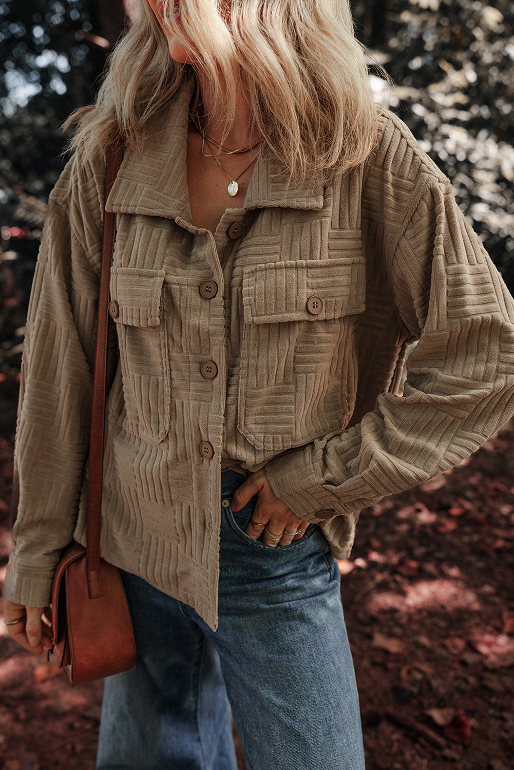 Dark Khaki Textured Chest Pocket Button-up Shacket-Bella Boutique Collective