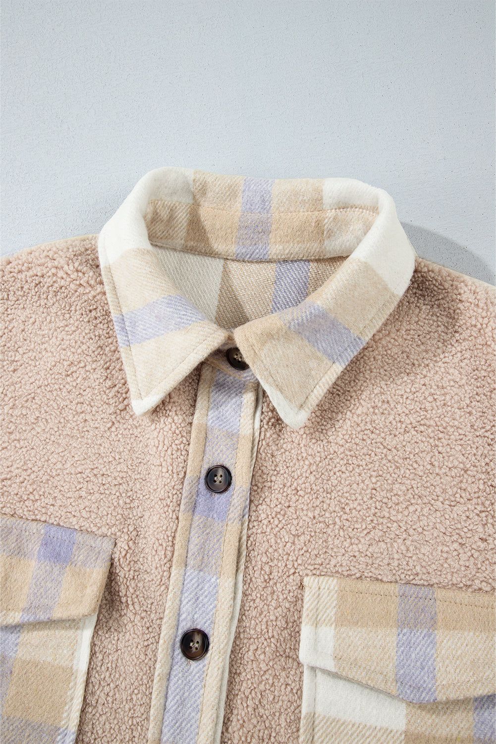 Smoke Gray Plaid Patchwork Collared Button-up Sherpa Long Coat-Bella Boutique Collective