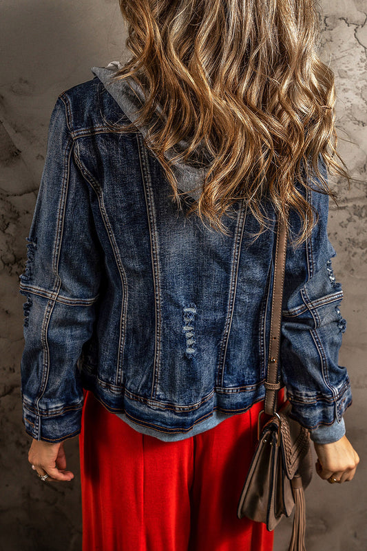 Dark Blue Fake Two-Piece Hooded Zip-Up Denim Jacket-Bella Boutique Collective