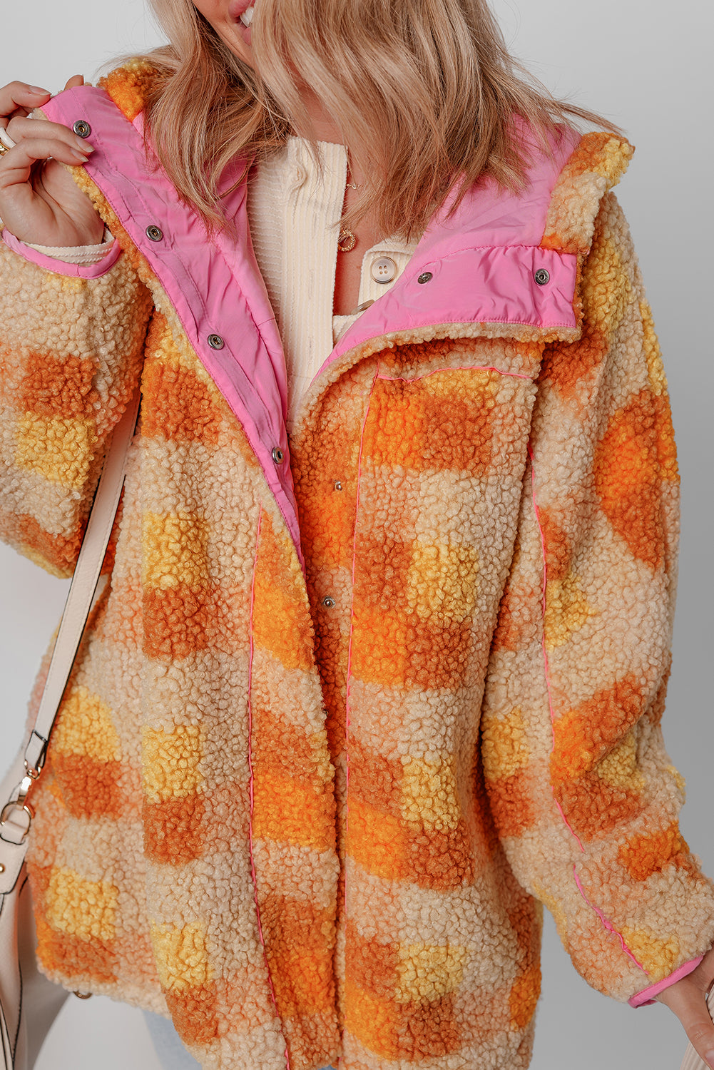Orange Checkered Sherpa Hooded Jacket-Bella Boutique Collective