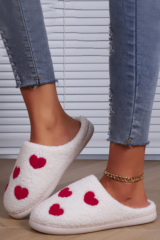 White Valentines Day Hearts Print Plush House Slippers-Bella Boutique Collective