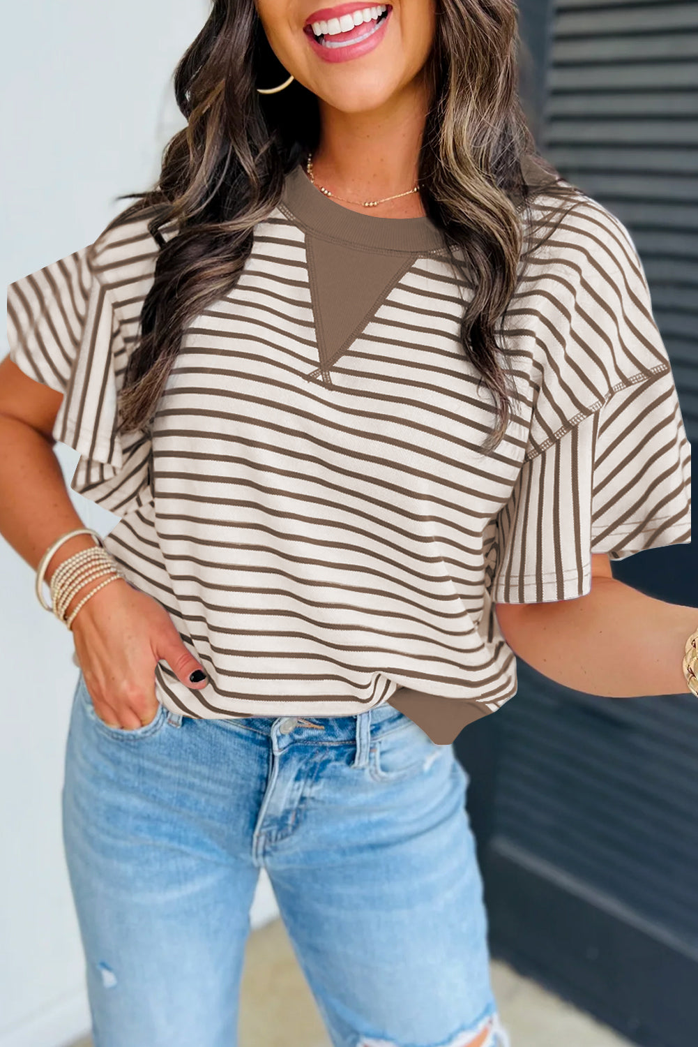 Parchment Contrast Detail Striped Ruffle Short Sleeve Top-Bella Boutique Collective