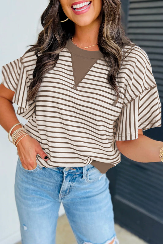 Parchment Contrast Detail Striped Ruffle Short Sleeve Top-Bella Boutique Collective