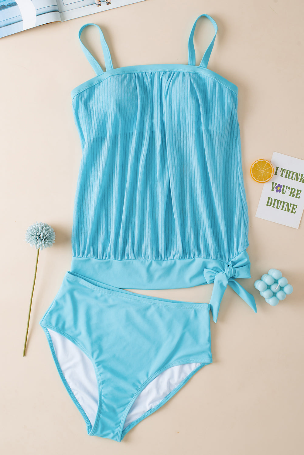 Turquoise Striped Mesh Knotted Hem Tankini Swimsuit-Bella Boutique Collective