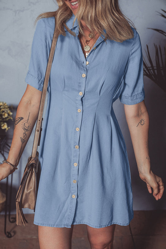 Myosotis Denim Pleated Slim Waist Short Sleeve Shirt Dress-Bella Boutique Collective