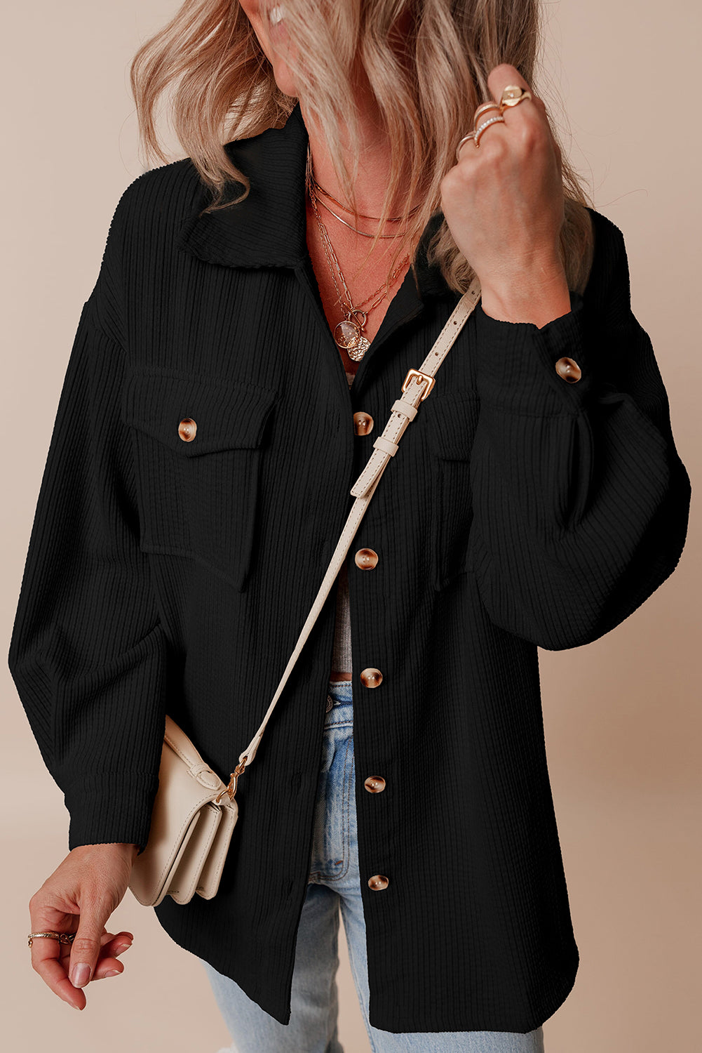 Black Corduroy Flap Pocket Button Up Shacket-Bella Boutique Collective