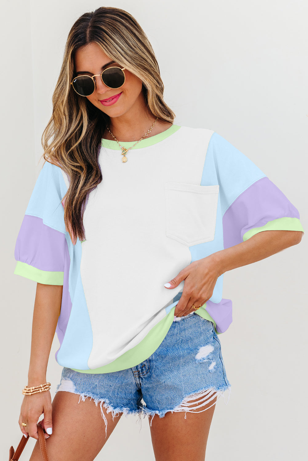White Color Block Patchwork Half Sleeve Oversized T Shirt-Bella Boutique Collective