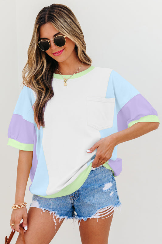 White Color Block Patchwork Half Sleeve Oversized T Shirt-Bella Boutique Collective
