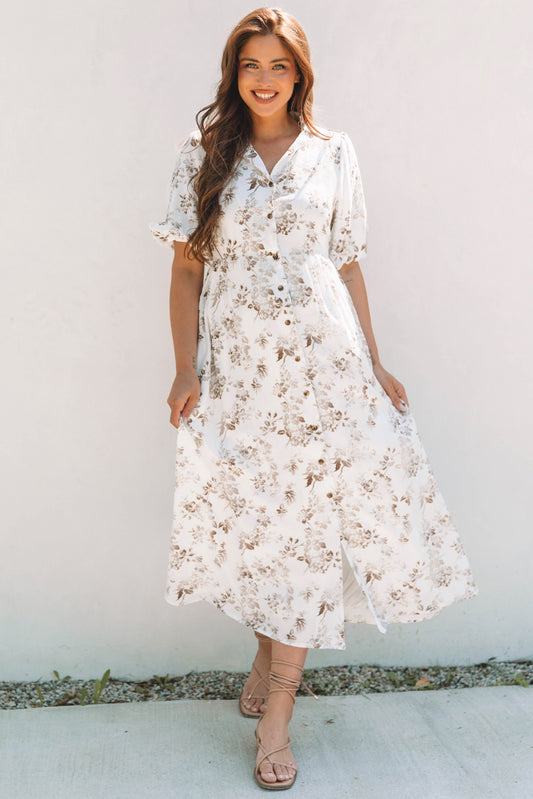 Khaki Floral Puff Sleeve V Neck Buttoned Front Maxi Dress-Bella Boutique Collective