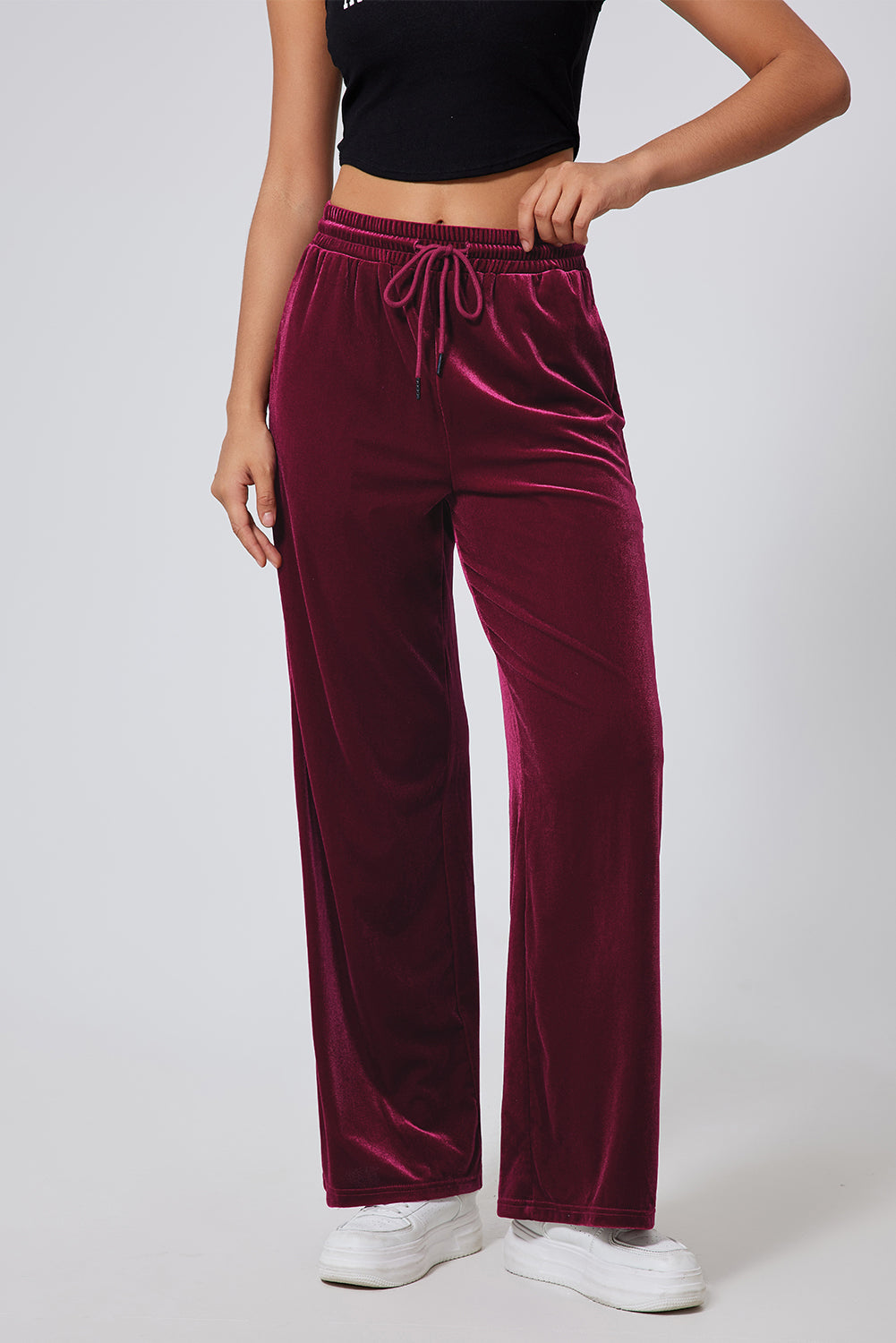 Burgundy Solid Drawstring Waist Wide Leg Pants-Bella Boutique Collective