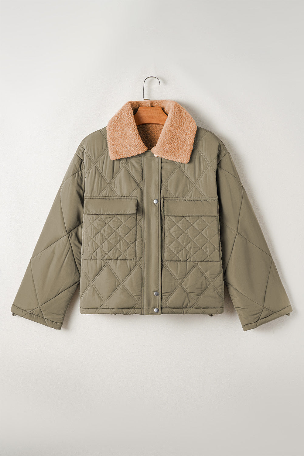 Jungle Green Teddy Collar Flap Pockets Quilted Puffer Jacket-Bella Boutique Collective