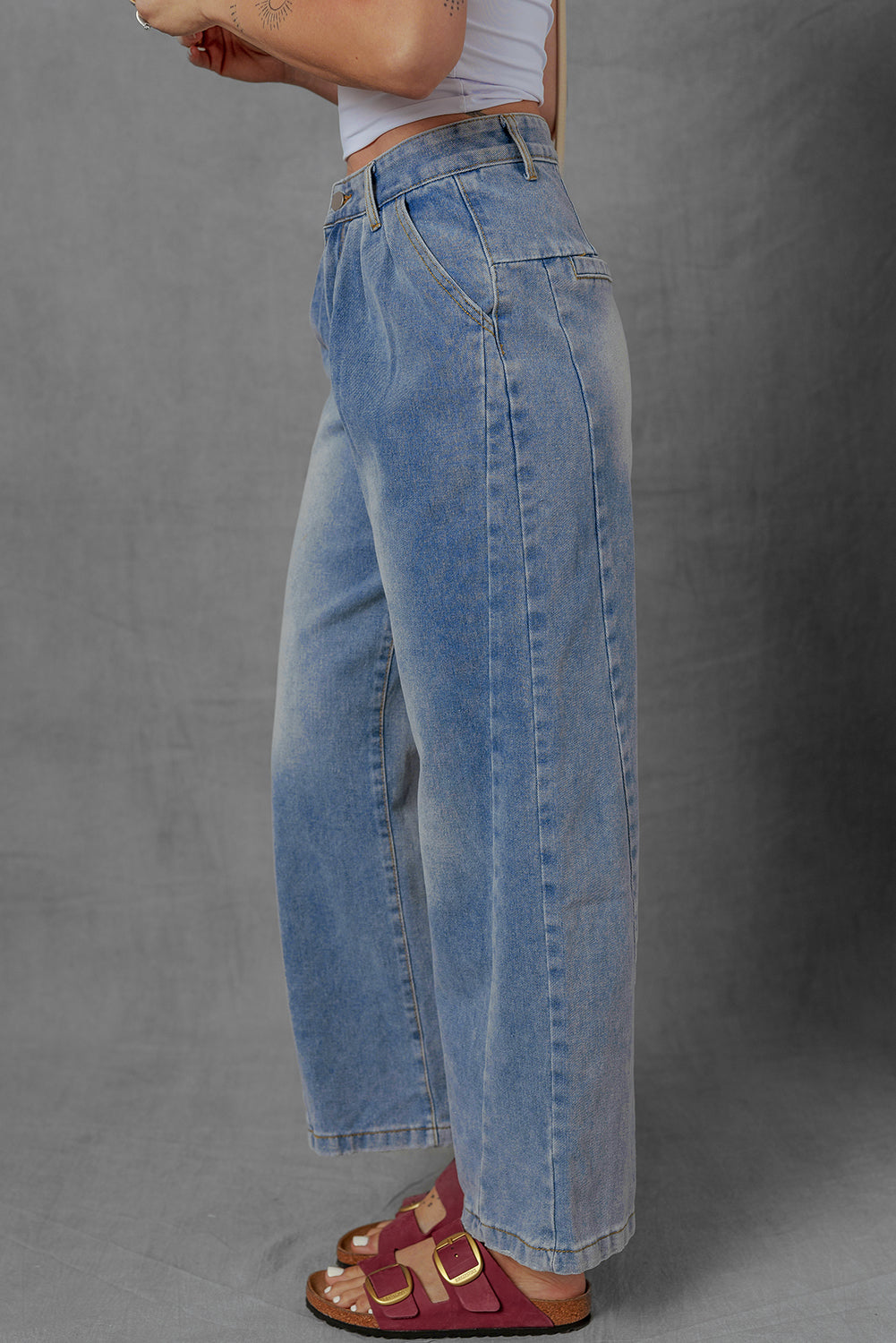 Ashleigh Blue Washed Pleated Detail Wide Leg Jeans-Bella Boutique Collective