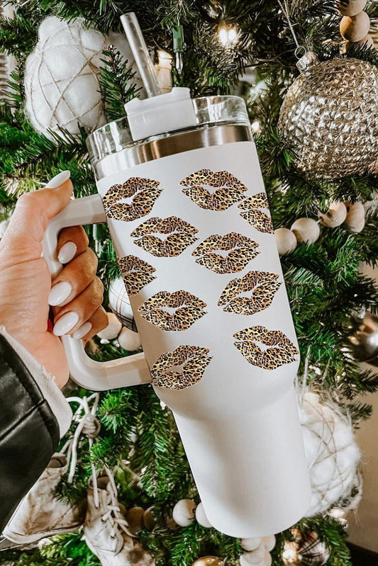 White Valentine Leopard Lips Print Thermos Cup with Straw 40oz-Bella Boutique Collective