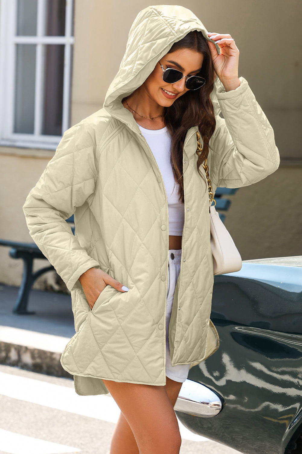 Beige Quilted Snap Button Hooded Coat-Bella Boutique Collective