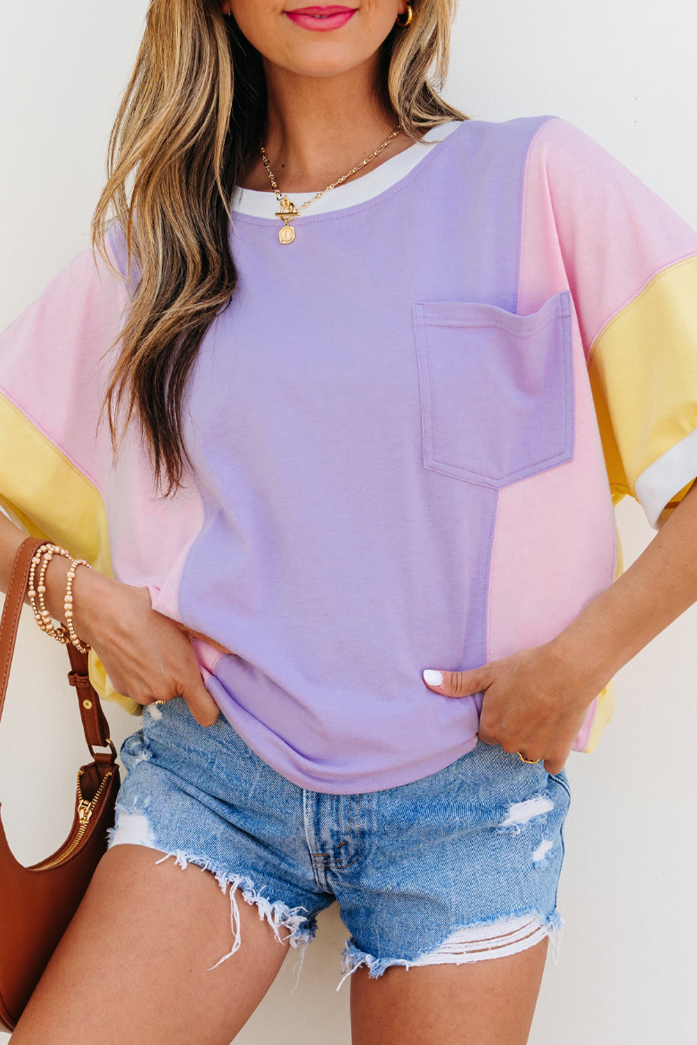 Purple Color Block Patchwork Half Sleeve Oversized T Shirt-Bella Boutique Collective