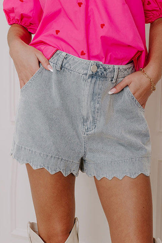 Dusk Blue Scalloped Hemline Acid Wash High Waist Denim Shorts-Bella Boutique Collective