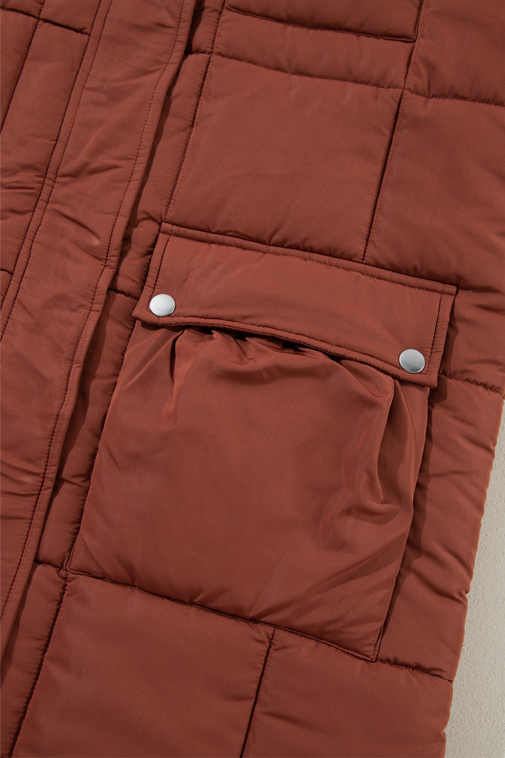Coffee Quilted Puffer Stand Neck Zipped Mid-length Coat-Bella Boutique Collective