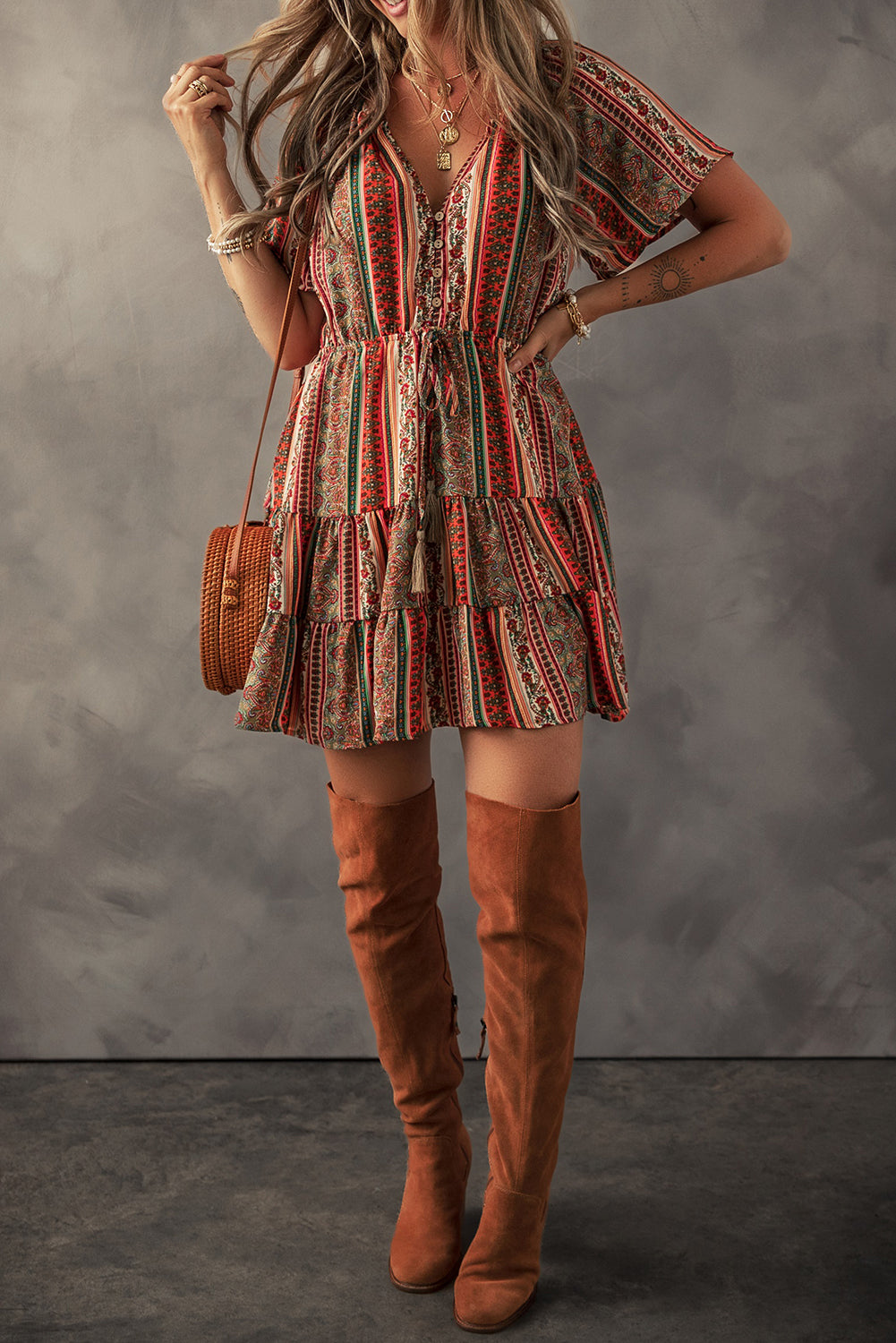 Red Bohemian Floral Print Buttoned V Neck Ruffle Tiered Dress-Bella Boutique Collective