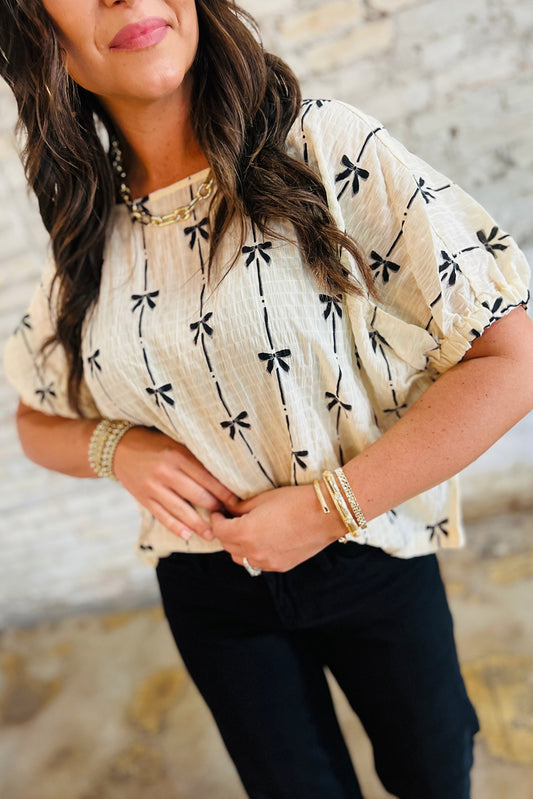 Beige Bow Print Puff Short Sleeve Top-Bella Boutique Collective