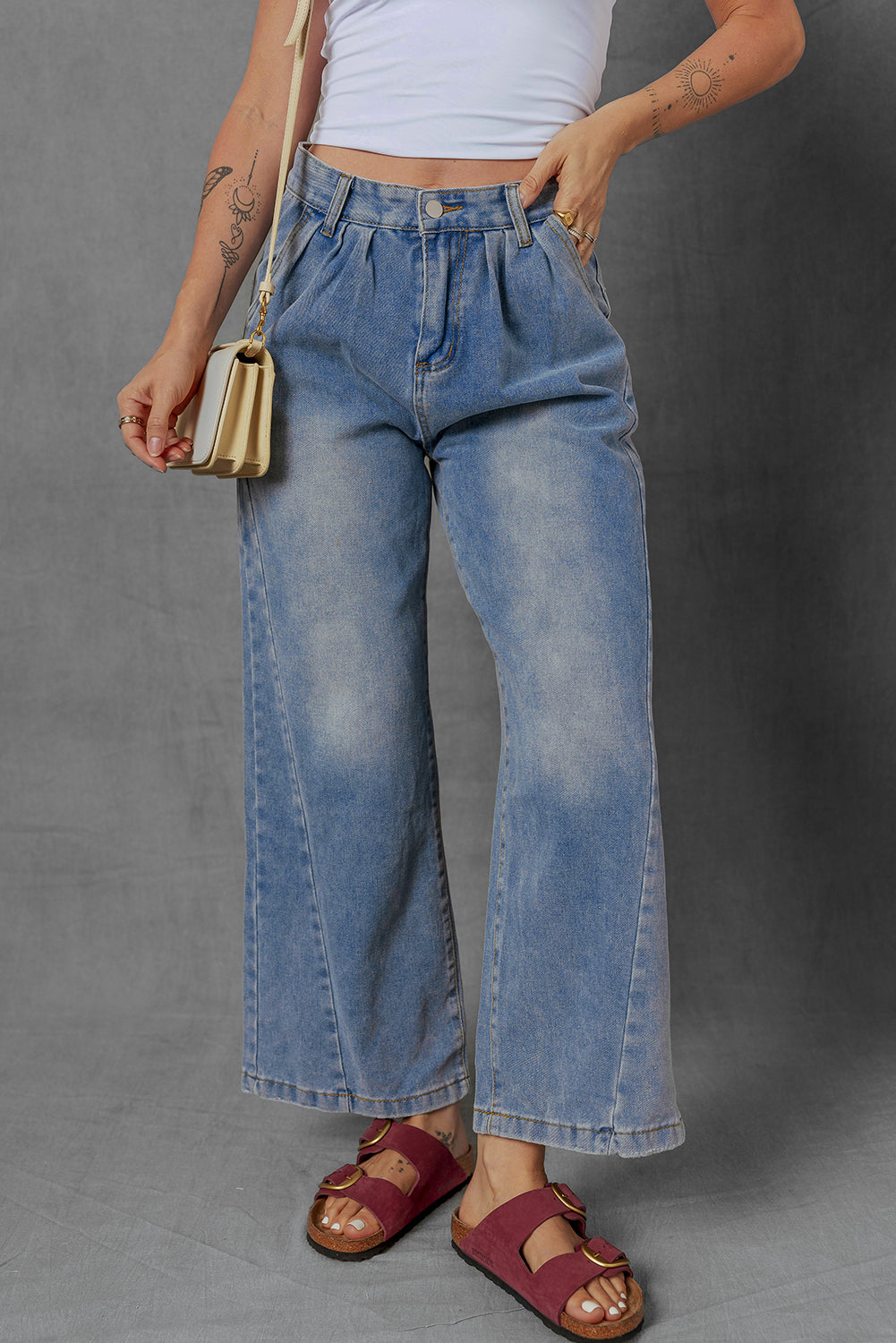 Ashleigh Blue Washed Pleated Detail Wide Leg Jeans-Bella Boutique Collective