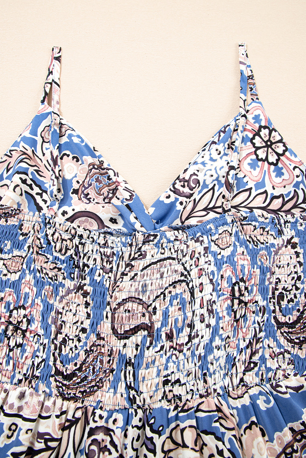 Blue Paisley Print Twist Detail Smocked Back Spaghetti Straps Long Dress-Bella Boutique Collective
