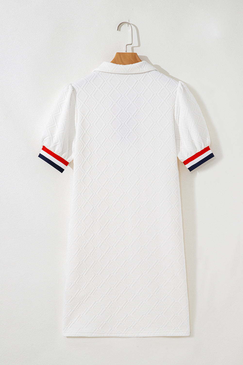 White Textured Jacquard Colorblock Edge Puff Sleeve Quarter Zip Mini Dress-Bella Boutique Collective