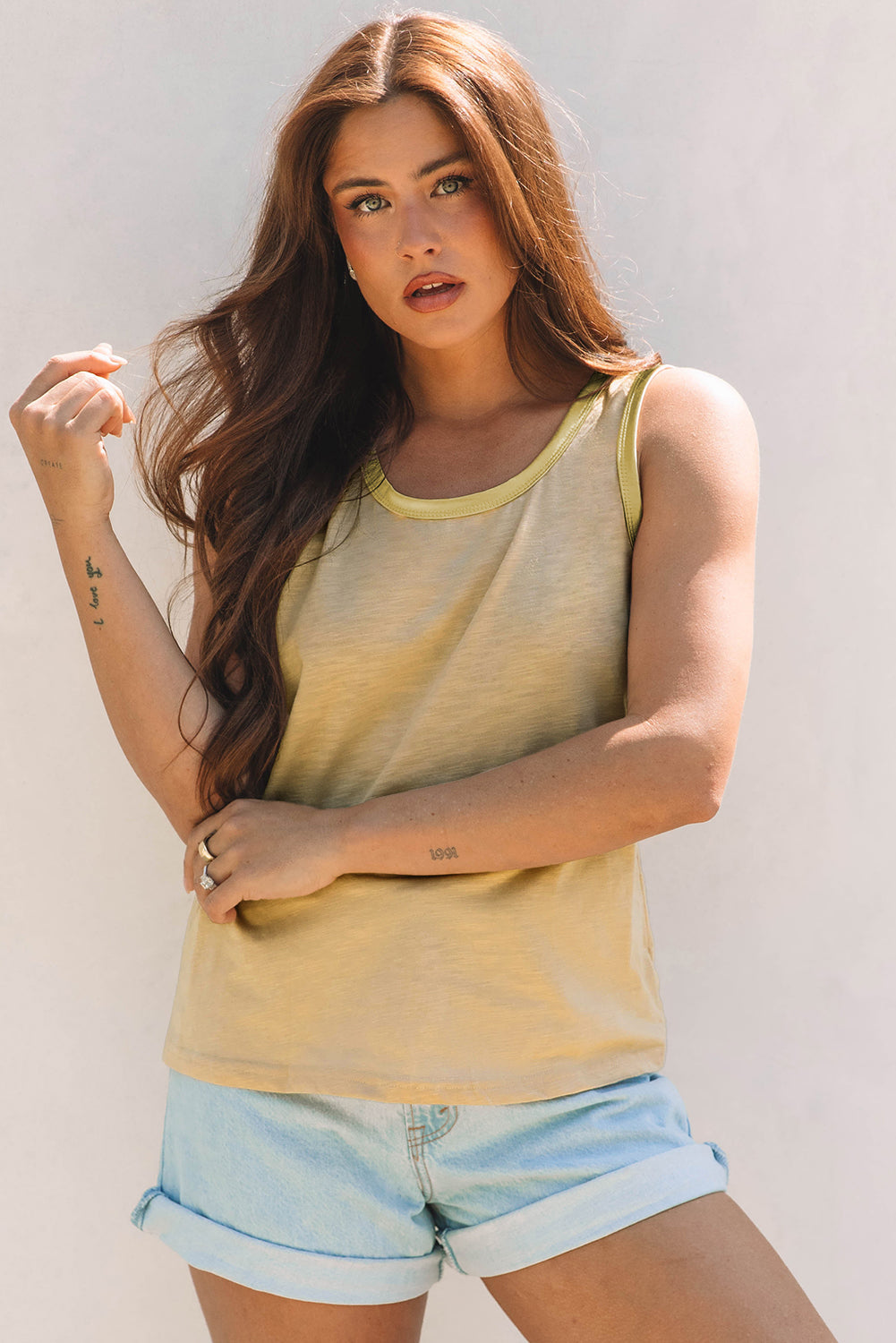 Tan Metallic Sheen Edge Scoop Neck Tank Top-Bella Boutique Collective